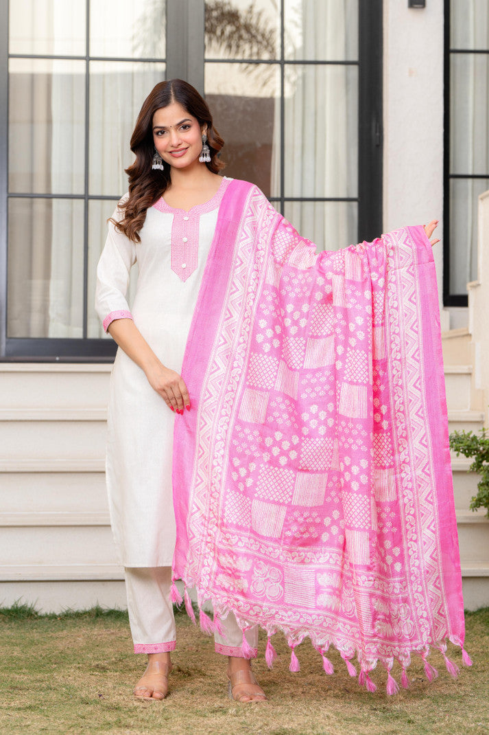 Women Khadi Cotton Kurta Pant Dupatta Set