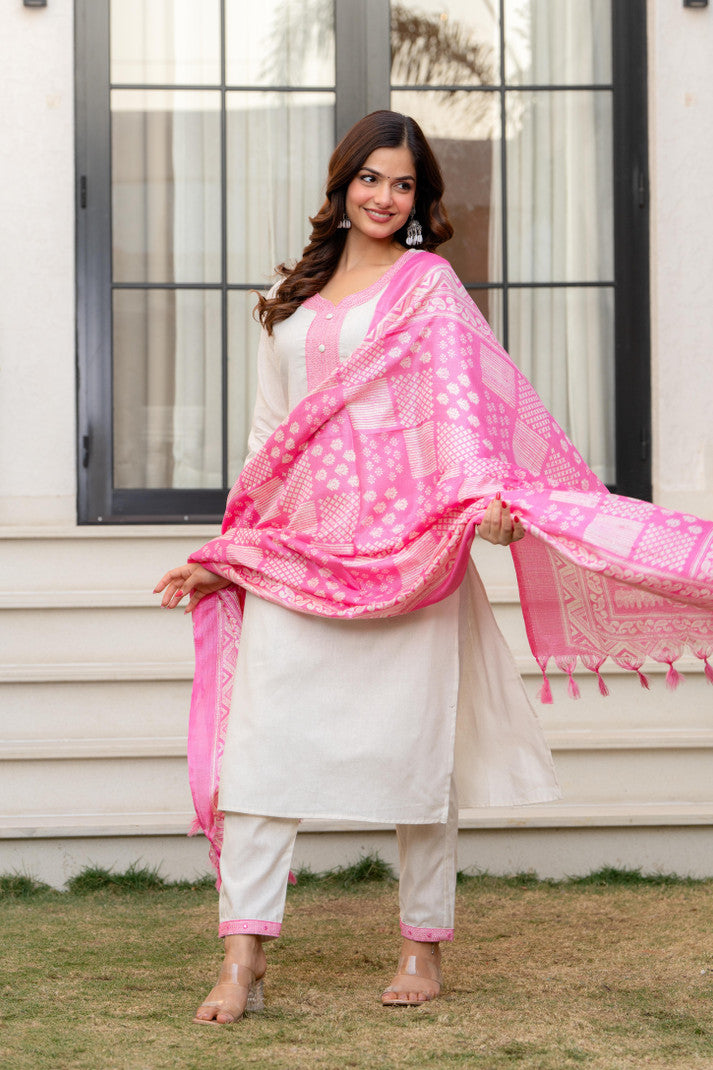 Women Khadi Cotton Kurta Pant Dupatta Set